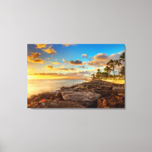 Ocean Sunset Over Rocks en Palm   O'Ahu Canvas Afdruk