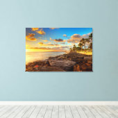 Ocean Sunset Over Rocks en Palm | O'Ahu Canvas Afdruk (Insitu (Houten vloer))