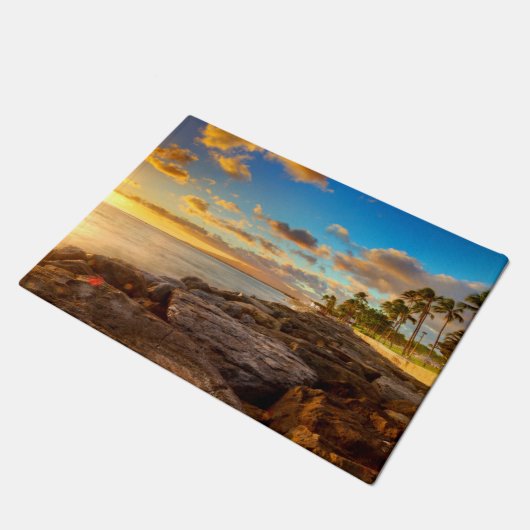 Ocean Sunset Over Rocks en Palm | O'Ahu Deurmat (Schuin)