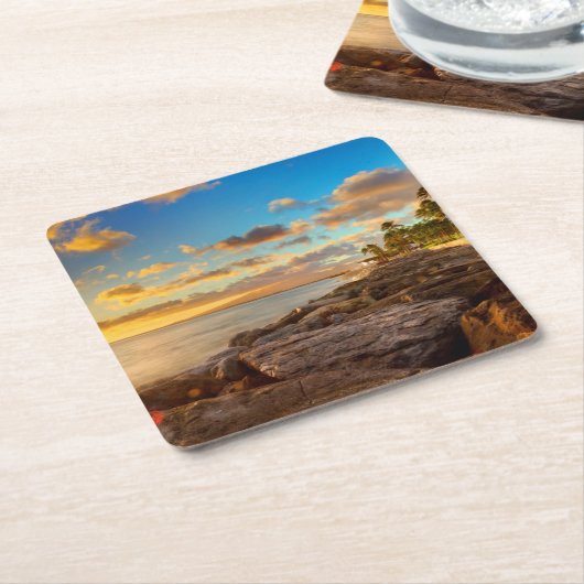 Ocean Sunset Over Rocks en Palm | O'Ahu Kartonnen Onderzetters (Schuin)