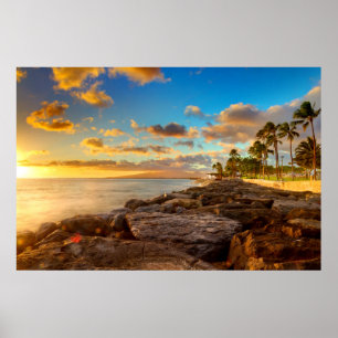 Ocean Sunset Over Rocks en Palm O'Ahu Poster