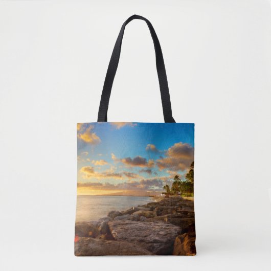 Ocean Sunset Over Rocks en Palm | O'Ahu Tote Bag (Voorkant)