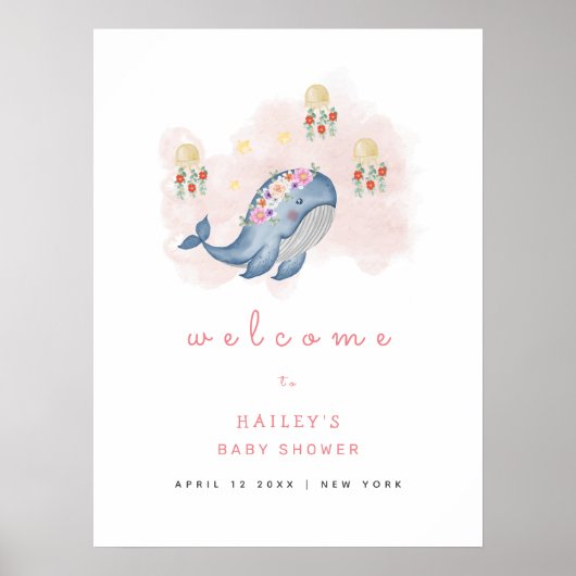 Ocean Sweet Whale Floral Baby shower Welkom Poster (Voorkant)