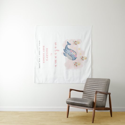 Ocean Sweet Whale Floral Baby shower Welkomstbord Wandkleed (In Situ (horizontaal))