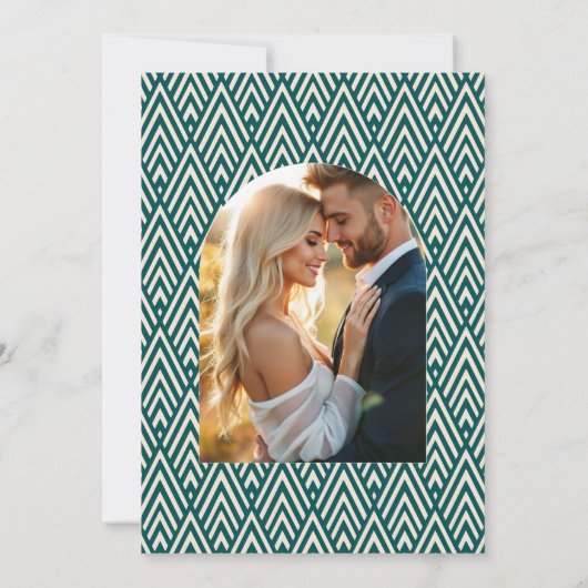 Ocean Teal & Pale Sand Art Deco Wedding Photo Kaart (Achterkant)