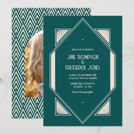 Ocean Teal & Pale Sand Art Deco Wedding Photo Kaart (Voorkant / Achterkant)