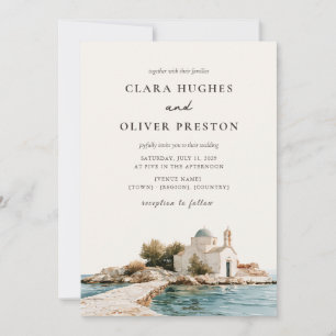 Ocean Teal Terracotta Script Griekse Kapel Bruilof Kaart