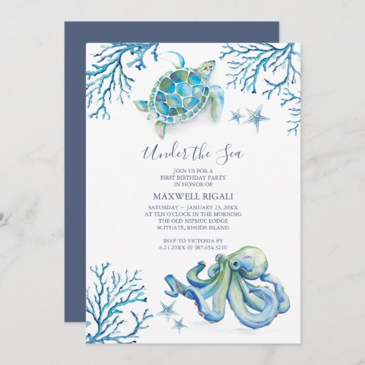 Ocean Theme 1e Verjaardag uitnodiging (Voorkant / Achterkant)