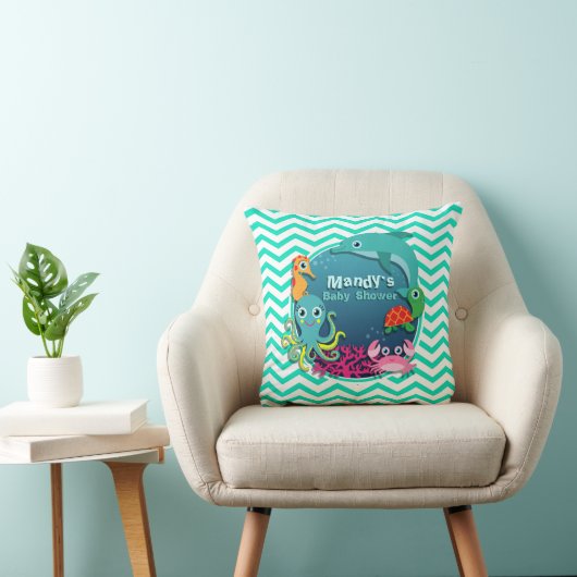 Ocean Theme Baby shower; Aqua Green Chevron Kussen (Stoel)