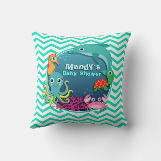 Ocean Theme Baby shower; Aqua Green Chevron Kussen (Achterkant)