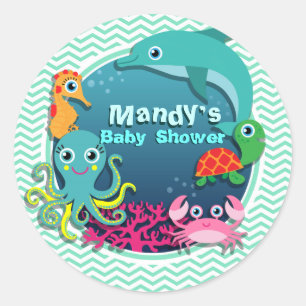 Ocean Theme Baby shower; Aqua Green Chevron Ronde Sticker
