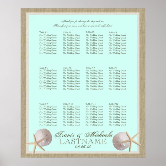 Ocean Theme en Burlap Seating Chart Poster (Voorkant)