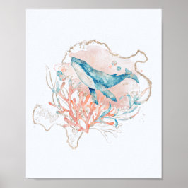 Ocean Theme Roze & Blue Waterverf Whale Zee Poster