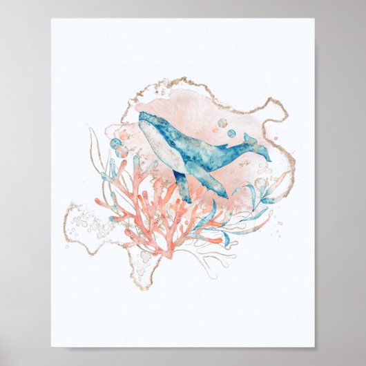 Ocean Theme Roze & Blue Waterverf Whale Zee Poster (Voorkant)
