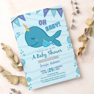 Ocean Themed narwhal baby shower call Kaart