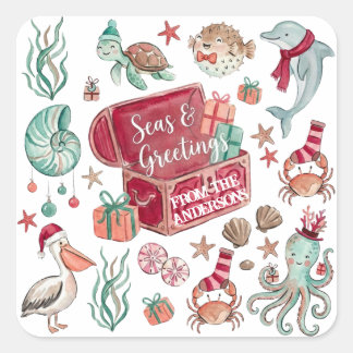 Ocean Treasures Zeeën & Groeten Kust Kerstmis Vierkante Sticker