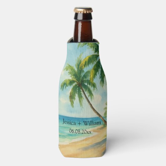 Ocean Tropical Beach Island Zomerbruiloft Flesjeskoeler (Fles Voorkant)