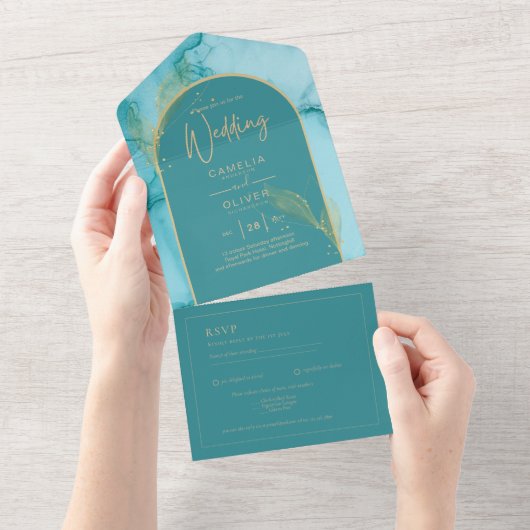 Ocean Turquoise Blauwgroen Gold Wedding All In One Uitnodiging (Afscheurbaar)