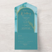 Ocean Turquoise Blauwgroen Gold Wedding All In One Uitnodiging (Binnen)