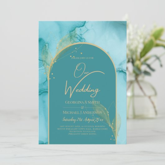 Ocean Turquoise Blauwgroen Gold Wedding Kaart (Staand voorkant)