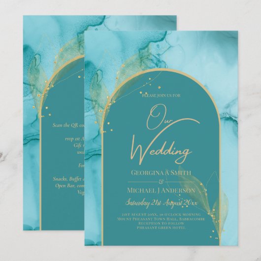 Ocean Turquoise Blauwgroen Gold Wedding Kaart (Voorkant / Achterkant)