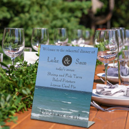 Ocean Uitzicht Beach Rehearings Dinner Menu Reclamebord Met Voetstuk