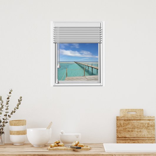 Ocean Uitzicht Faux venster met blindheid Poster (Keuken)