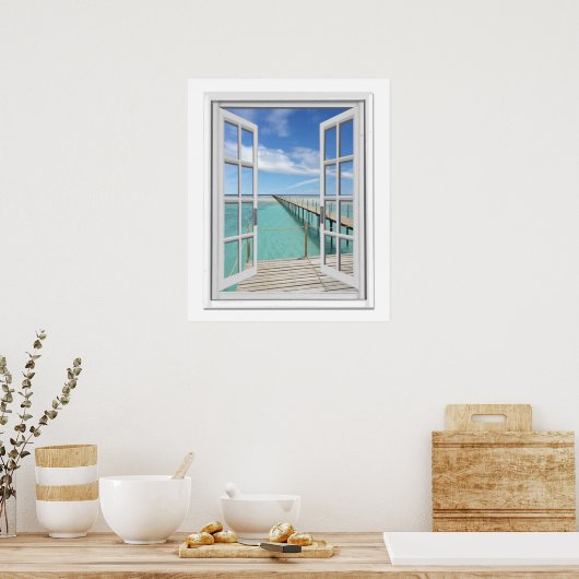 Ocean Uitzicht Faux Venster Poster (Keuken)