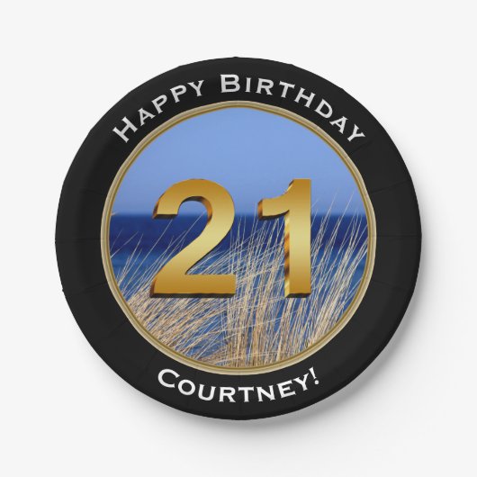 Ocean Uitzicht Happy 21st Birthday met naam Papieren Bordje (Voorkant)