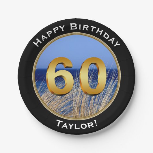 Ocean Uitzicht Happy 60th Birthday met naam Papieren Bordje (Voorkant)
