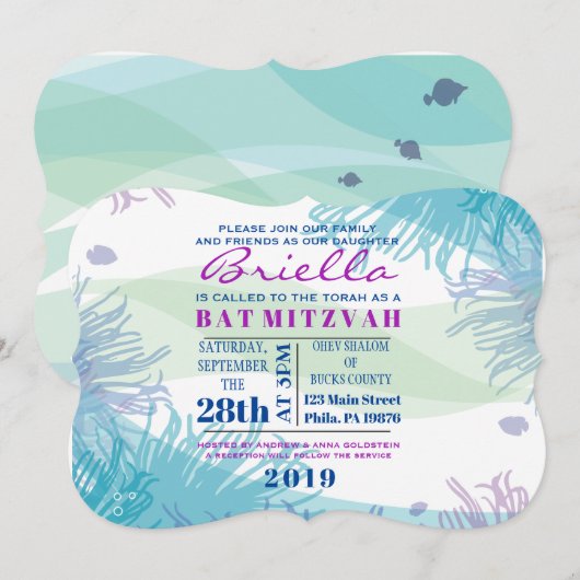 Ocean Underwater Zee Life Bat Mitzvah Uitnodiging (Voorkant / Achterkant)