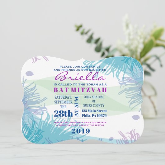Ocean Underwater Zee Life Bat Mitzvah Uitnodiging (Staand voorkant)