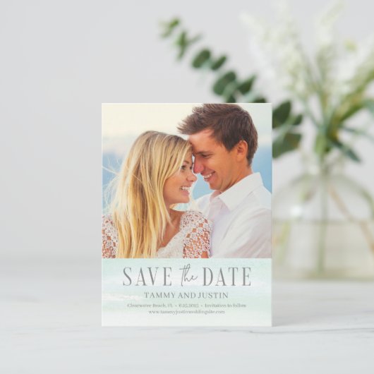 Ocean Vibes Beach Wedding Save the Date Briefkaart (Staand voorkant)