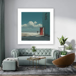 Ocean View - A Man Stands Staring at Ocean Poster<br><div class="desc">A surreal picture of a man in a suit who stands staring out at the ocean, near a large building on the sand with it's door open as if this is where the man emerged from.</div>