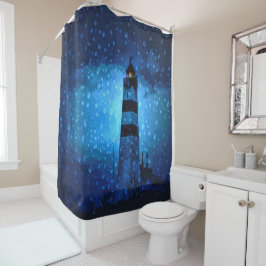 Ocean vuurtoren een donkerblauwe nacht met druppel douchegordijn