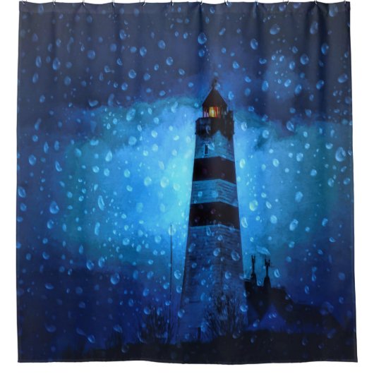 Ocean vuurtoren een donkerblauwe nacht met druppel douchegordijn (Voorkant)