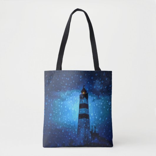Ocean vuurtoren een donkerblauwe nacht met druppel tote bag (Voorkant)
