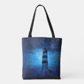 Ocean vuurtoren een donkerblauwe nacht met druppel tote bag (Achterkant)