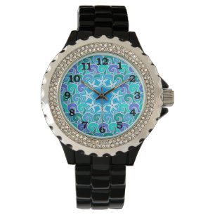 Ocean Water Waves Nautisch Strand Zeesterren Blauw Horloge