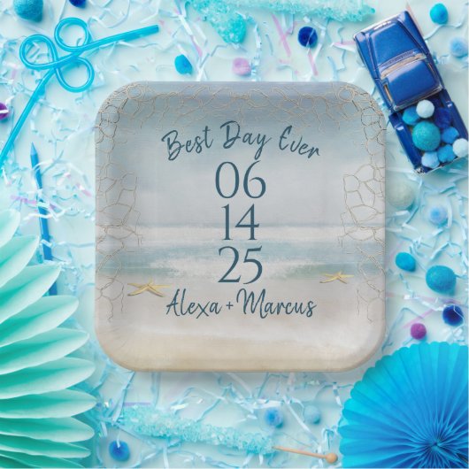 Ocean Waterverf and Starfish Wedding Papieren Bordje (Feest)