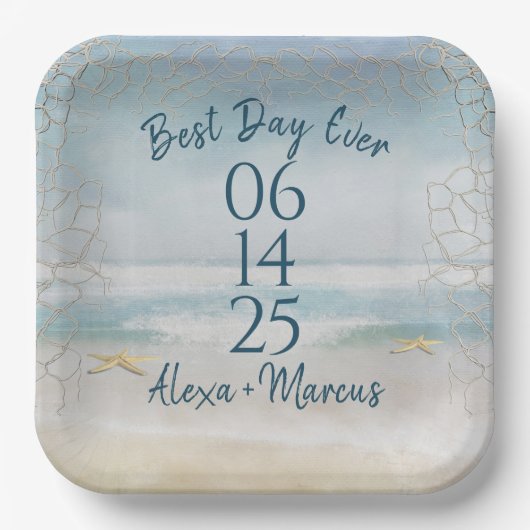 Ocean Waterverf and Starfish Wedding Papieren Bordje (Voorkant)