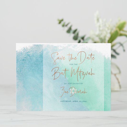 Ocean Waterverf Beach Bat Mitzvah Save the Date Kaart (Staand voorkant)