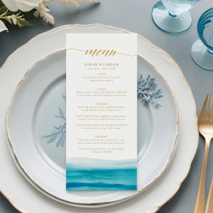 Ocean Waterverf Beach Gold Script Wedding Menu