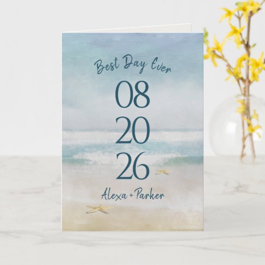 Ocean Waterverf Beach Wedding Date Kaart (Gele Bloem)