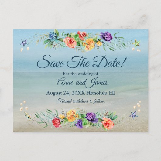 Ocean Waterverf Floral Wedding Save the Date Aankondigingskaart (Voorkant)