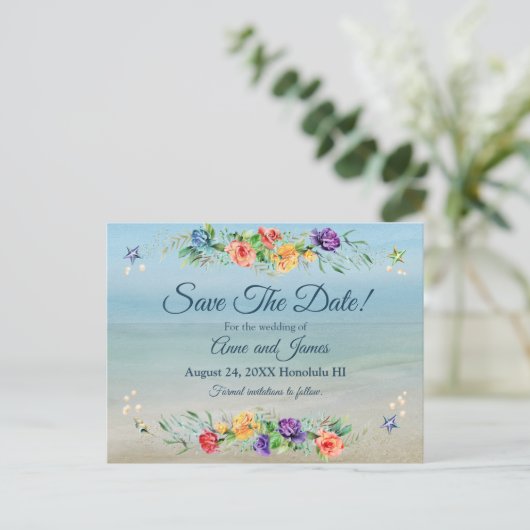 Ocean Waterverf Floral Wedding Save the Date Aankondigingskaart (Staand voorkant)