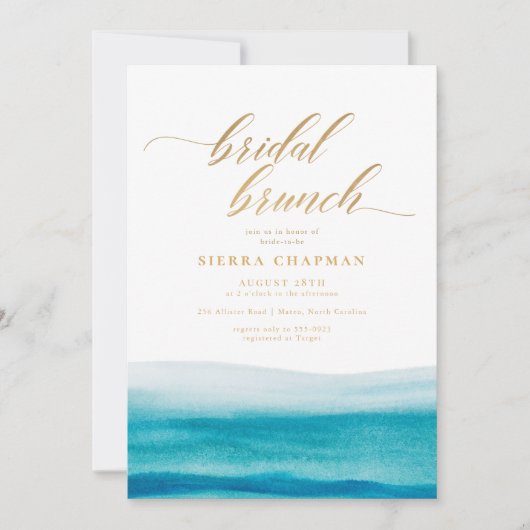 Ocean Waterverf Gold Script Beach Bridal Brunch Kaart (Voorkant)