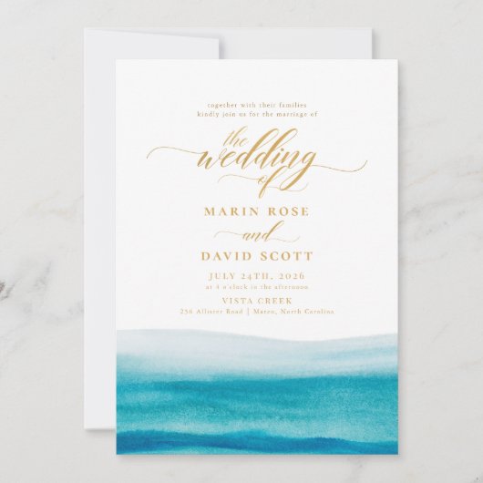 Ocean Waterverf Gold Script Beach Wedding Kaart (Voorkant)