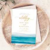 Ocean Waterverf Gold Script Beach Wedding Kaart