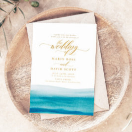 Ocean Waterverf Gold Script Beach Wedding Kaart